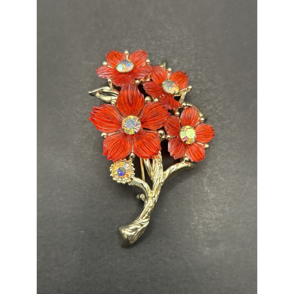 Vintage Selro Floral Crystal Brooch Pin Silver Tone H18